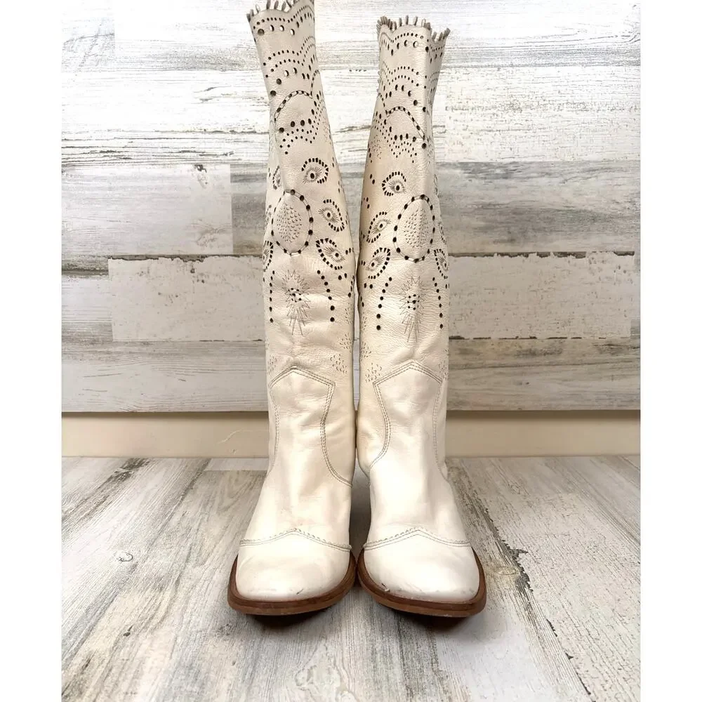 FRU.IT Cream Leather Cut Out Western Calf Boots Womens 40 Vintage Italy Designer